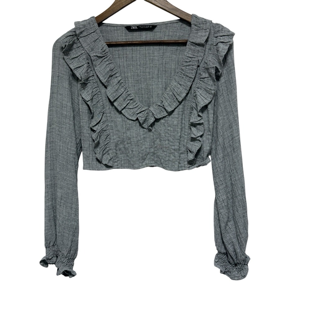 ZARA Blouse Womens M Gray Ruffle Cropped Long Sleeve Peasant V Neck Stretch Top